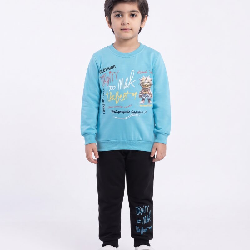 Kids Stylish 2-Piece Winter Tracksuit – Sky Blue Top & Black Trouser | #83