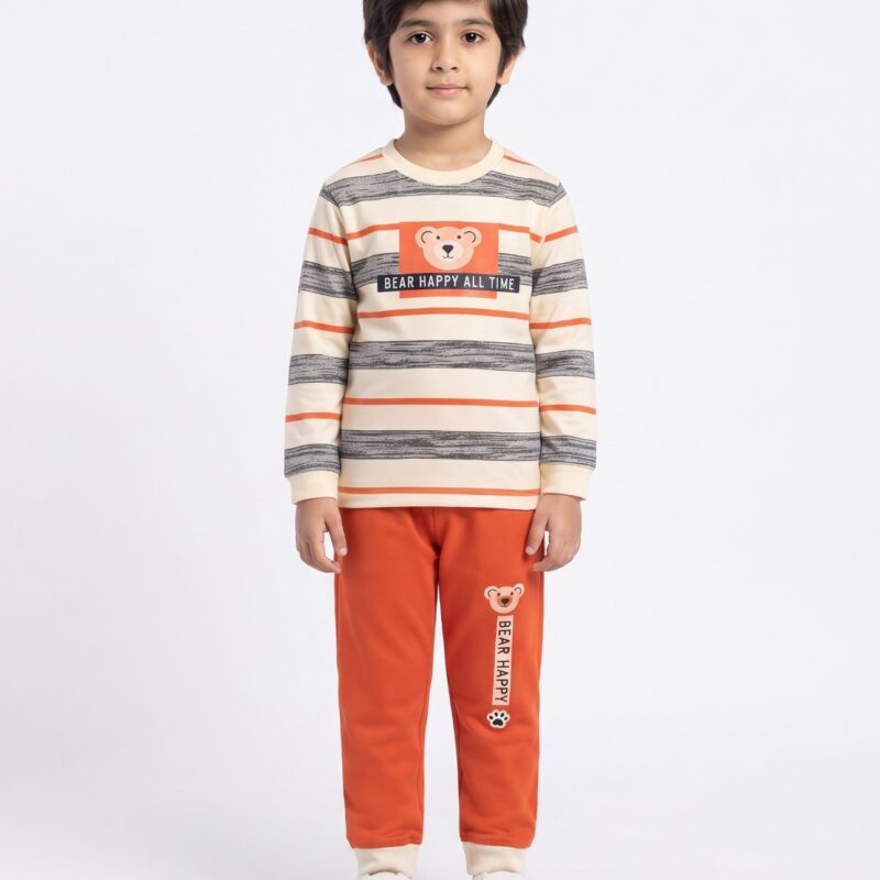 Kids Bear Happy 2-Piece Night Suit – Cream & Orange