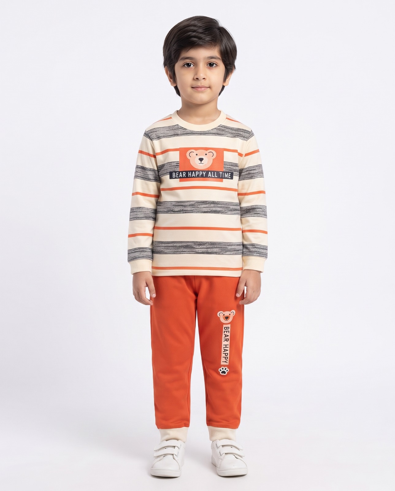 Kids Bear Happy 2-Piece Night Suit – Cream & Orange