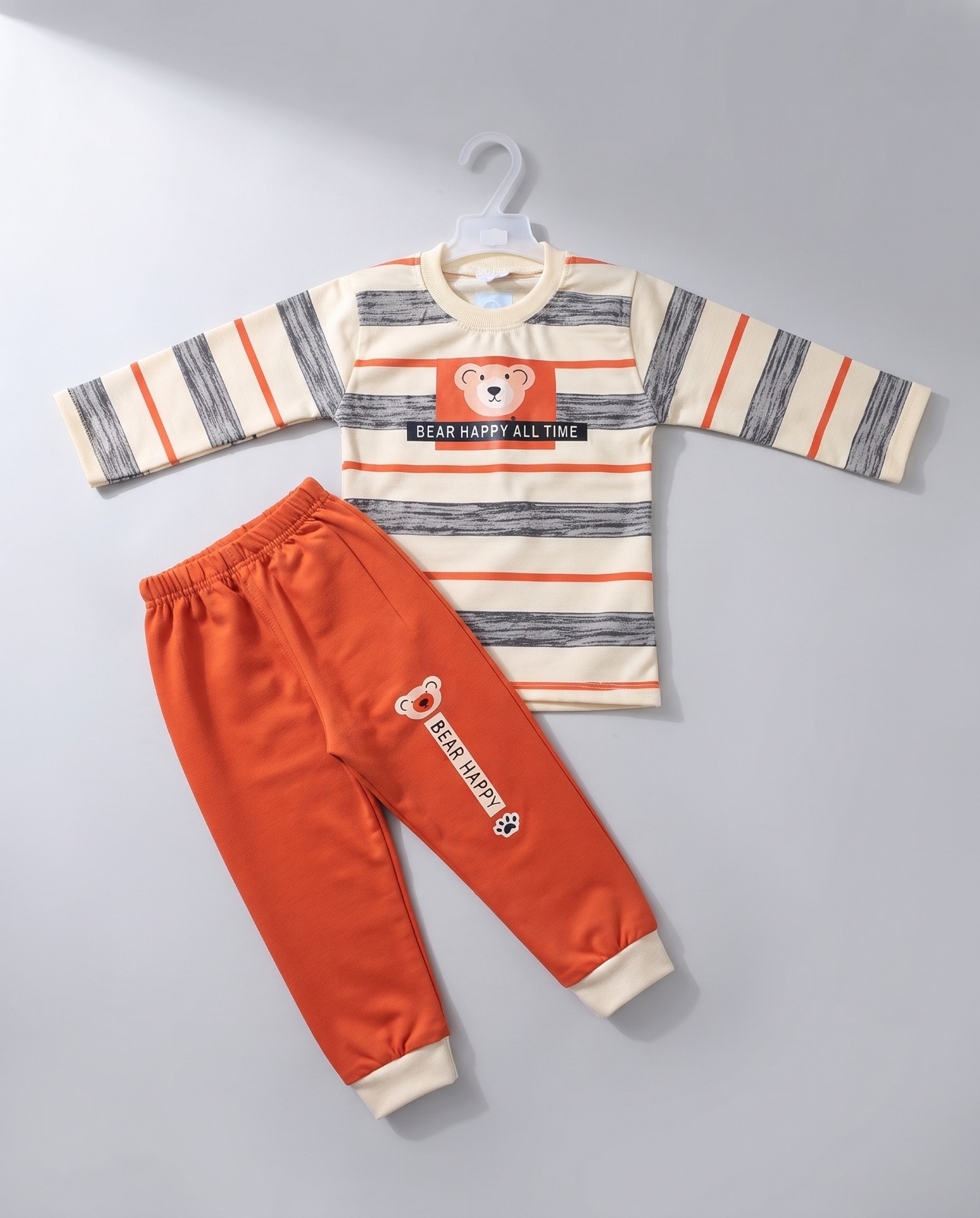 Kids Bear Happy 2-Piece Night Suit – Cream & Orange