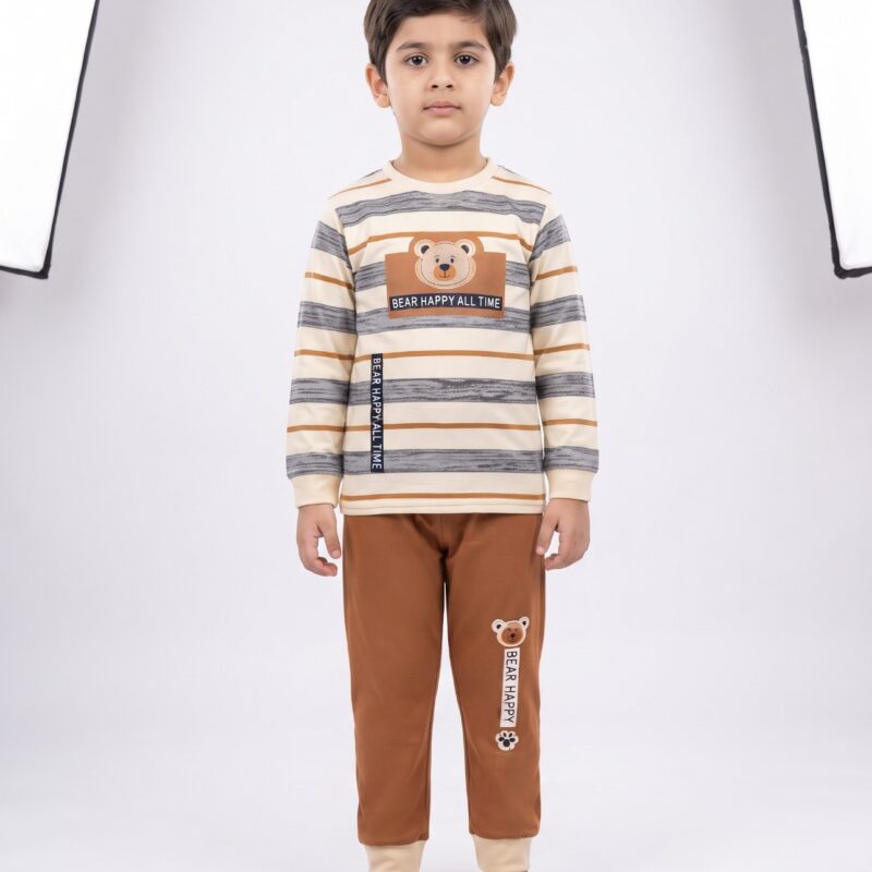 Kids Bear Happy 2-Piece Night Suit – Cream & Brown