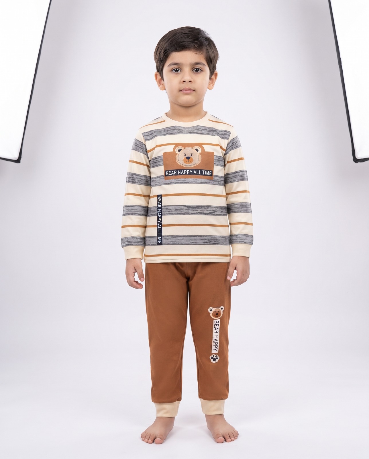 Kids Bear Happy 2-Piece Night Suit – Cream & Brown