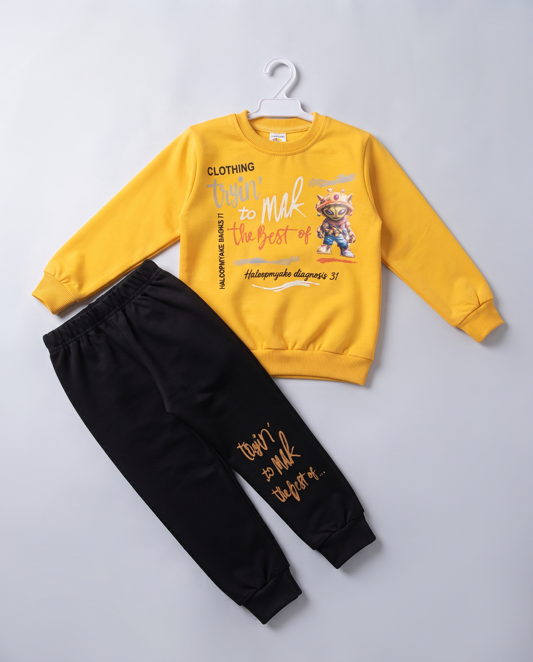 Kids Stylish 2-Piece Winter Tracksuit – Yellow Top & Black Trouser | #83
