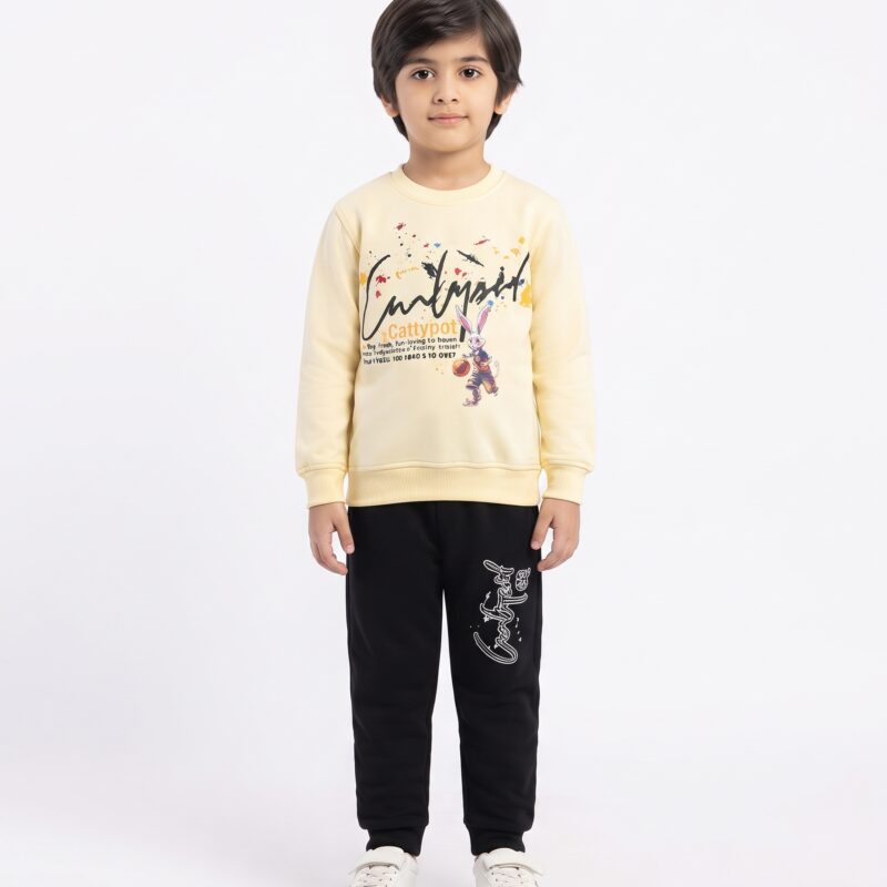 Kids Stylish 2-Piece Winter Tracksuit – Cream Top & Black Trouser | #54