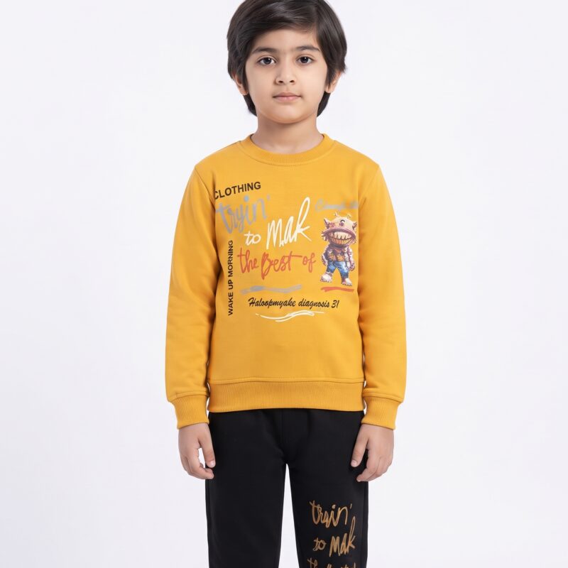 Kids Stylish 2-Piece Winter Tracksuit – Yellow Top & Black Trouser | #83