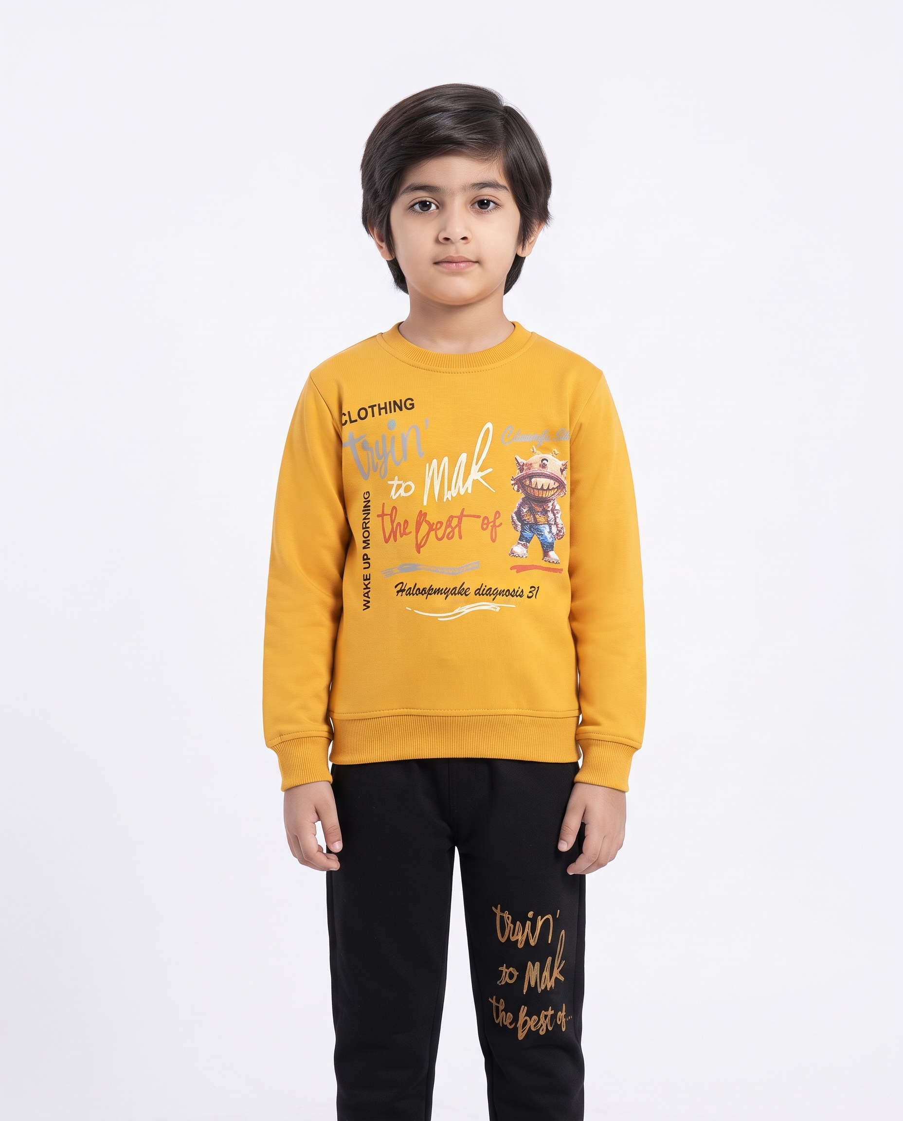 Kids Stylish 2-Piece Winter Tracksuit – Yellow Top & Black Trouser | #83