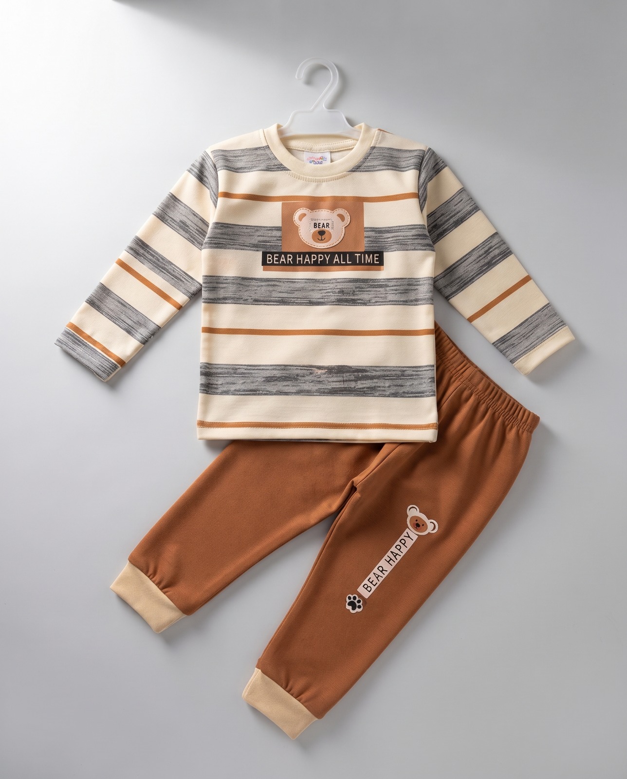 Kids Bear Happy 2-Piece Night Suit – Cream & Brown