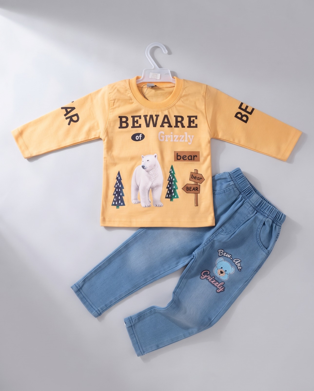 Grizzly Bear Kids Peach Top with Light Blue Jeans