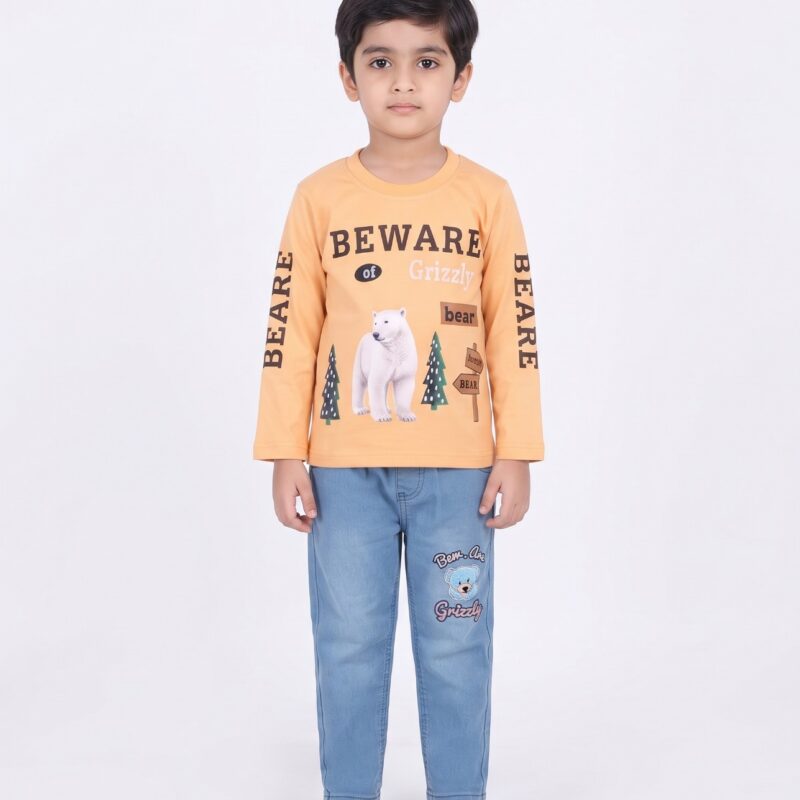 Grizzly Bear Kids Peach Top with Light Blue Jeans