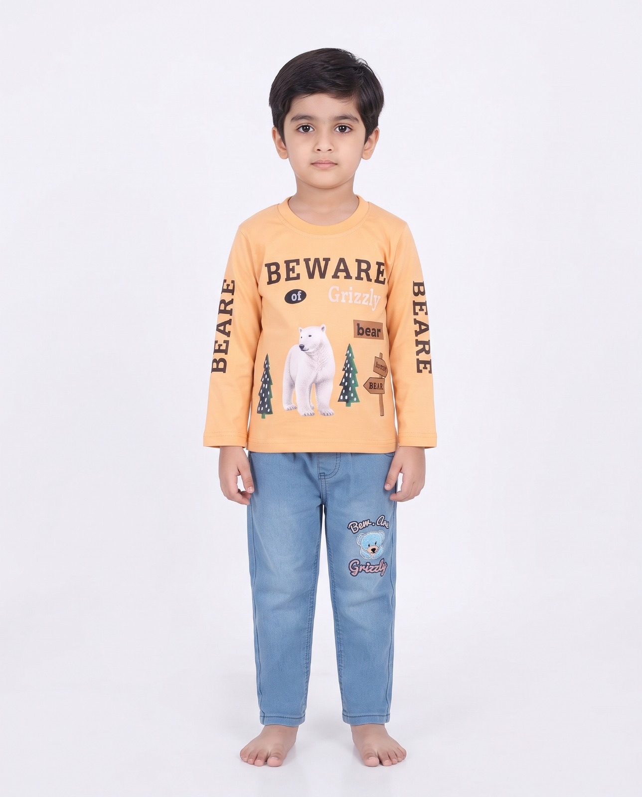 Grizzly Bear Kids Peach Top with Light Blue Jeans