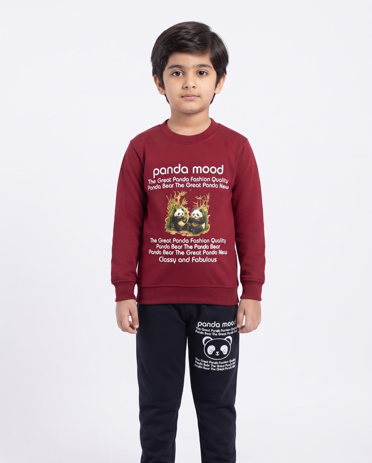 Kids Panda Mood 2-Piece Suit – Maroon & Black