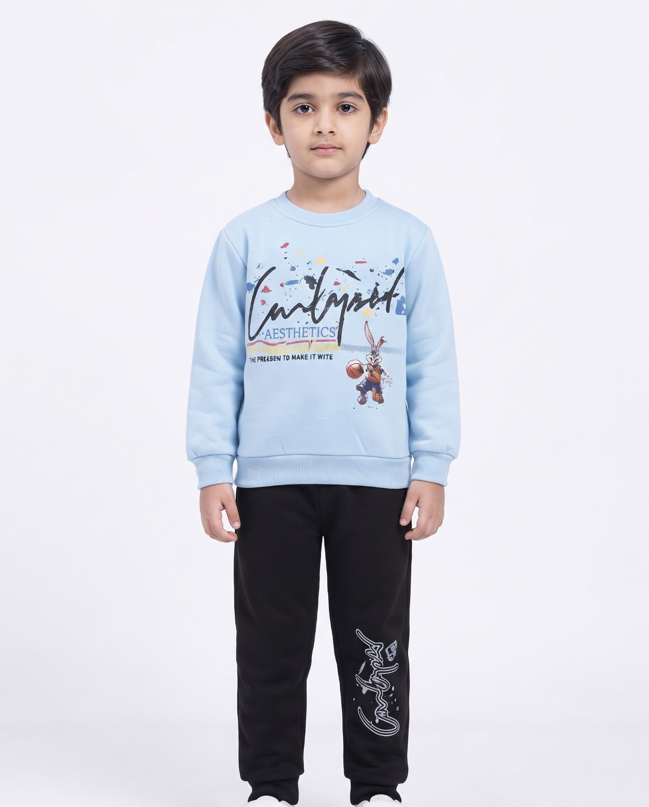 Kids Printed Sweatshirt & Trouser 2-Piece Set – Top Light Blue Trouser Black