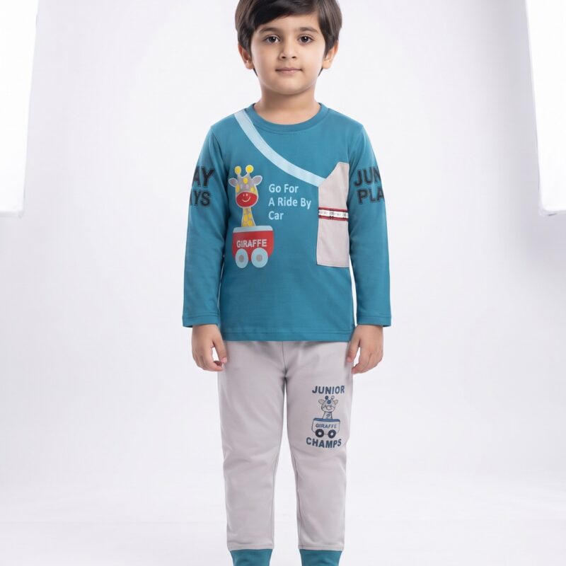 Kids Giraffe 2-Piece Suit – Teal & White