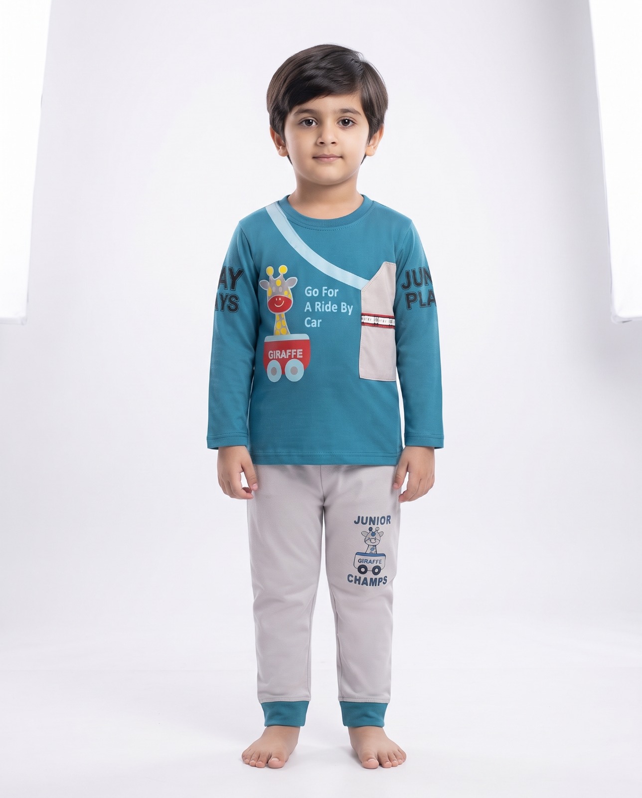 Kids Giraffe 2-Piece Suit – Teal & White
