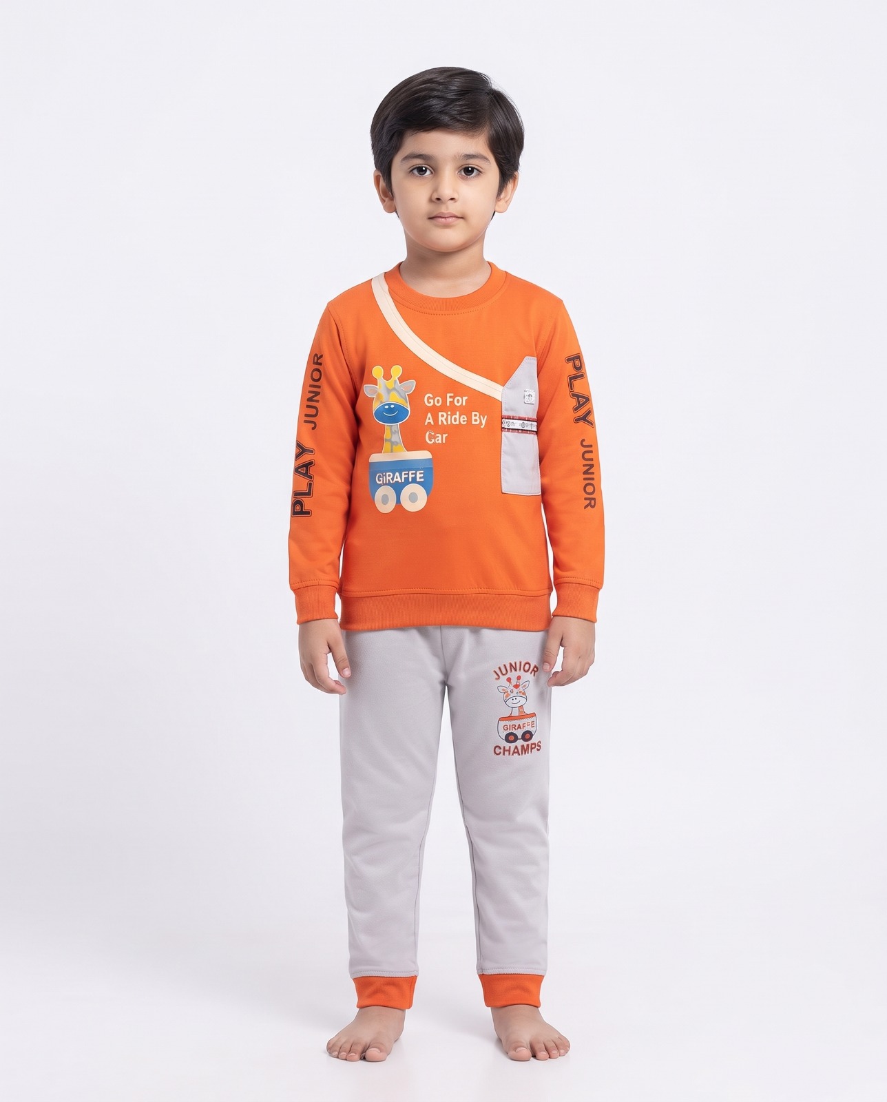 Kids Giraffe 2-Piece Suit – Orange & Light Grey