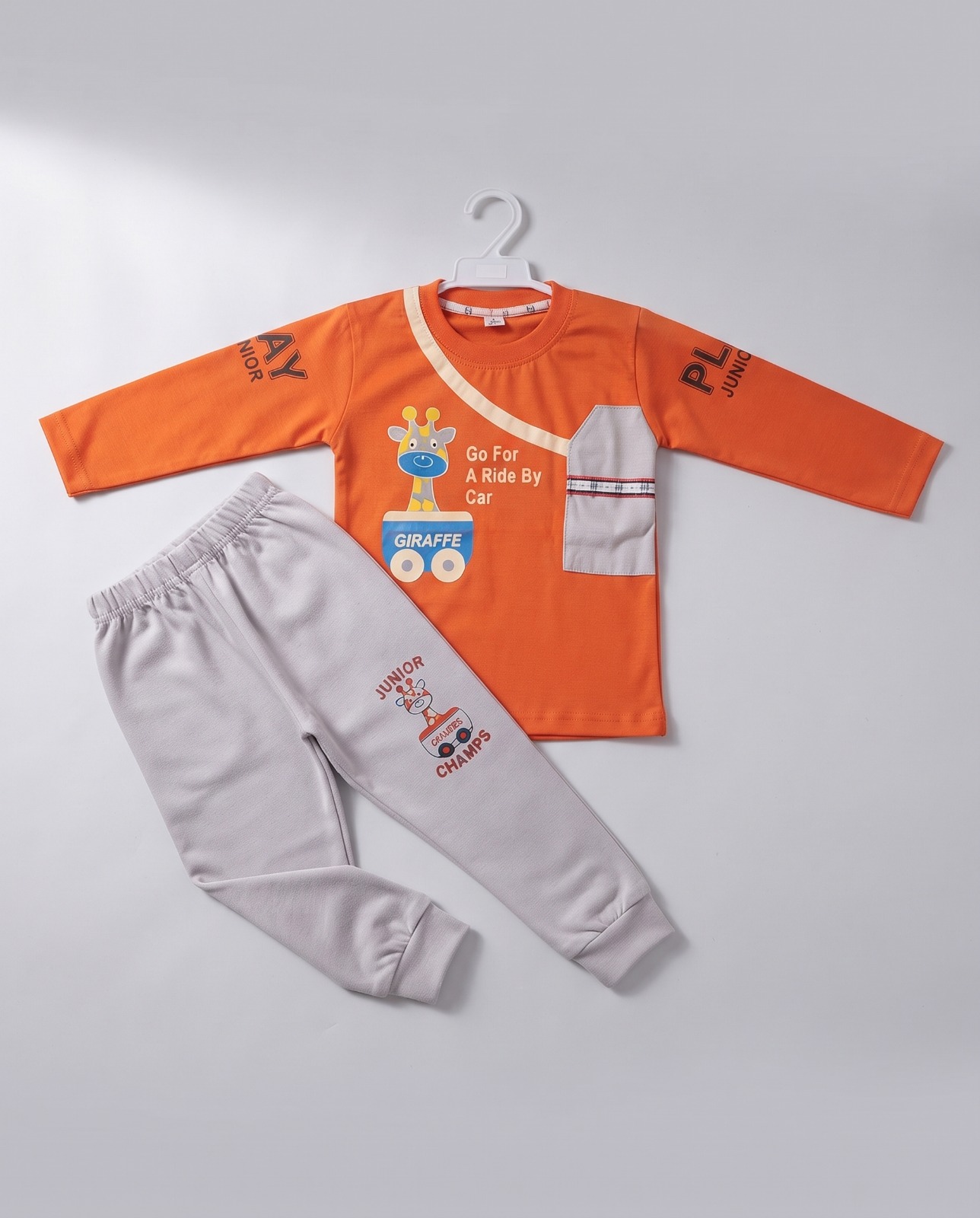 Kids Giraffe 2-Piece Suit – Orange & Light Grey