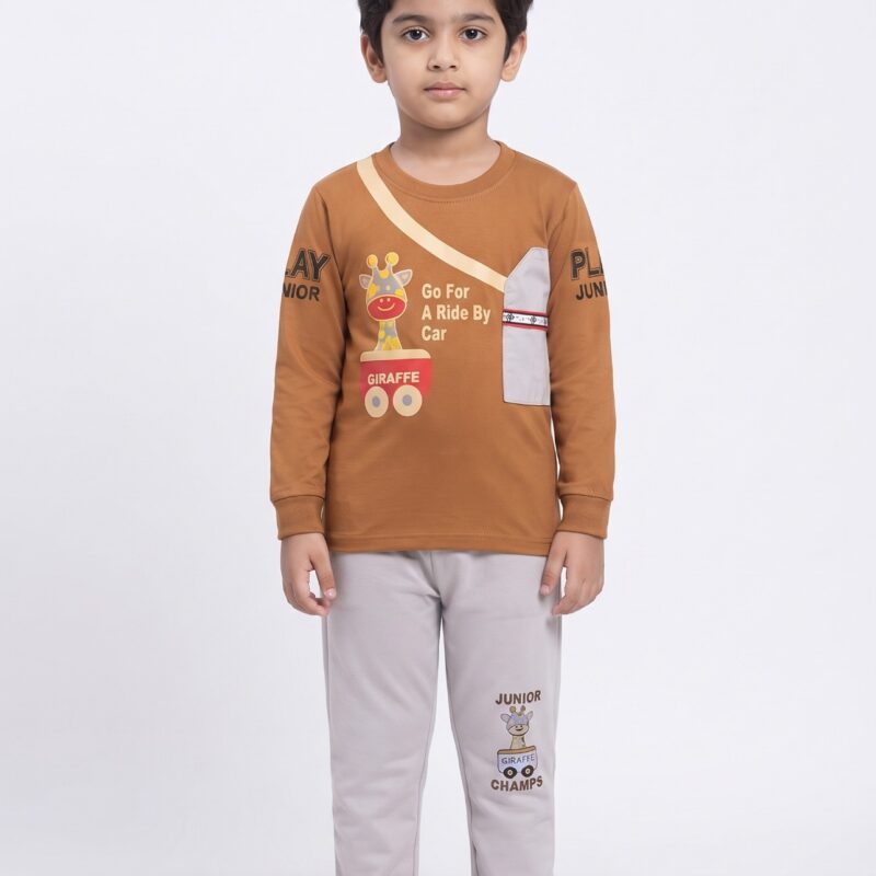Kids Giraffe 2-Piece Suit – Brown & Light Grey