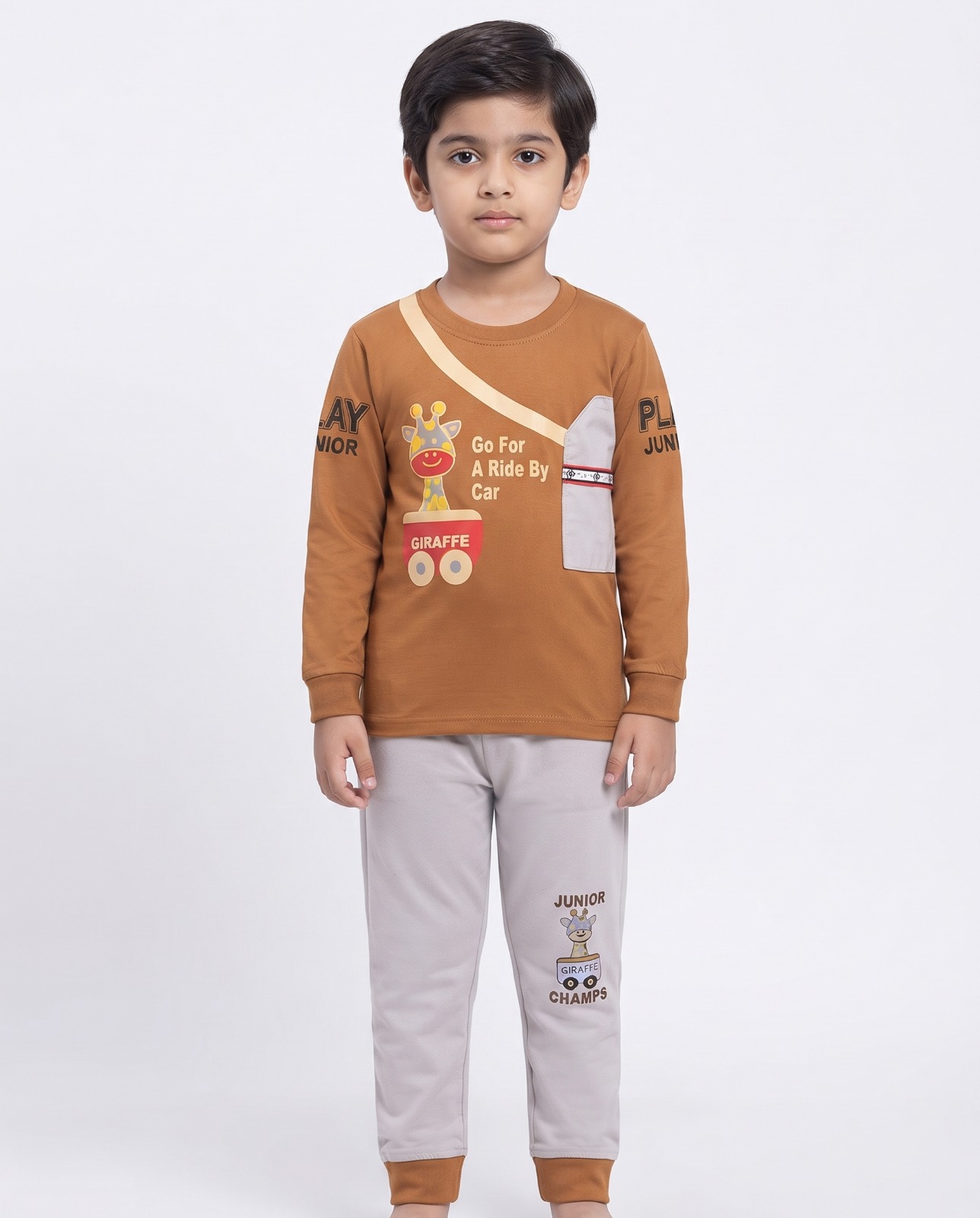 Kids Giraffe 2-Piece Suit – Brown & Light Grey