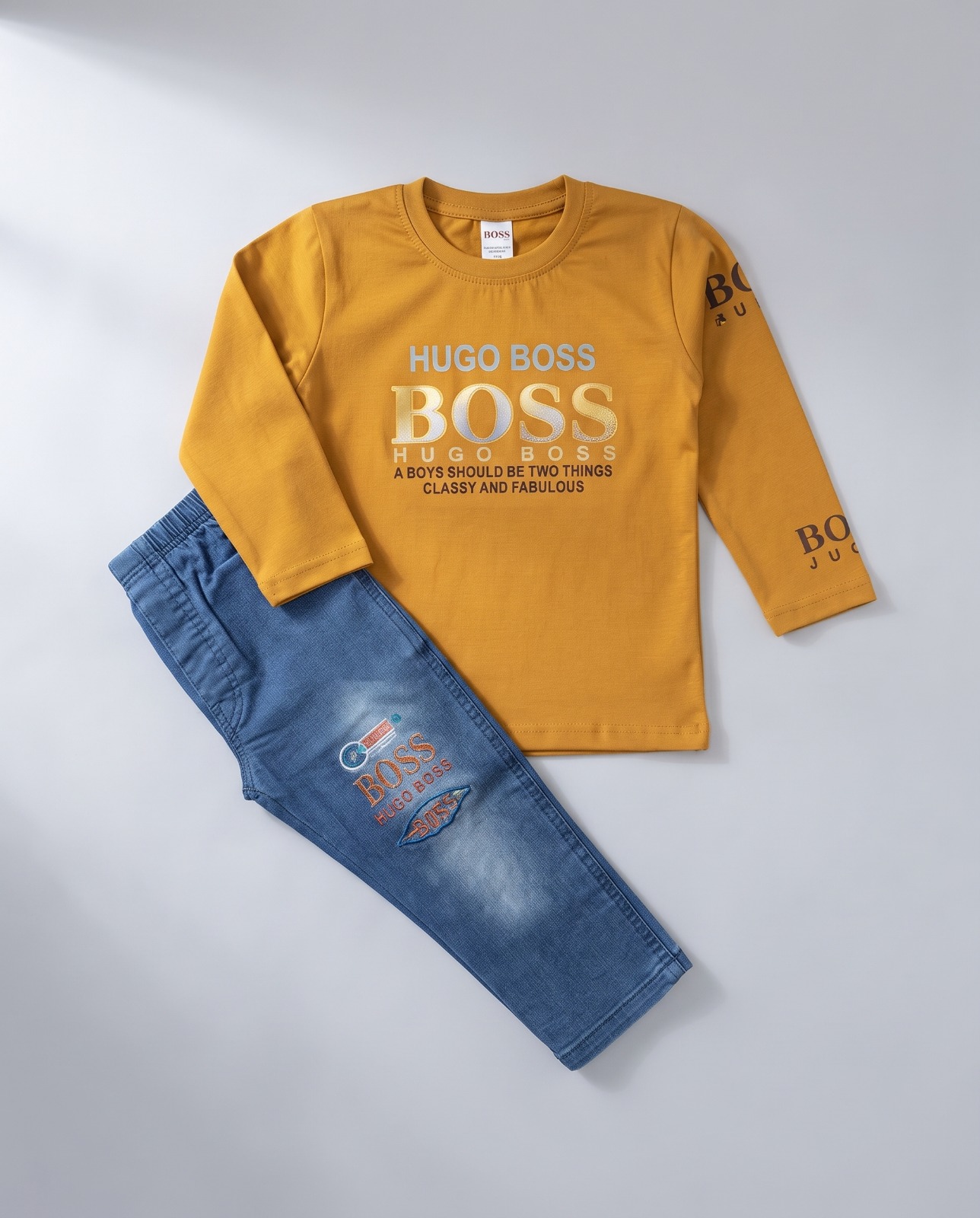 BOSS Kids Mustard Top with Blue Denim Jeans