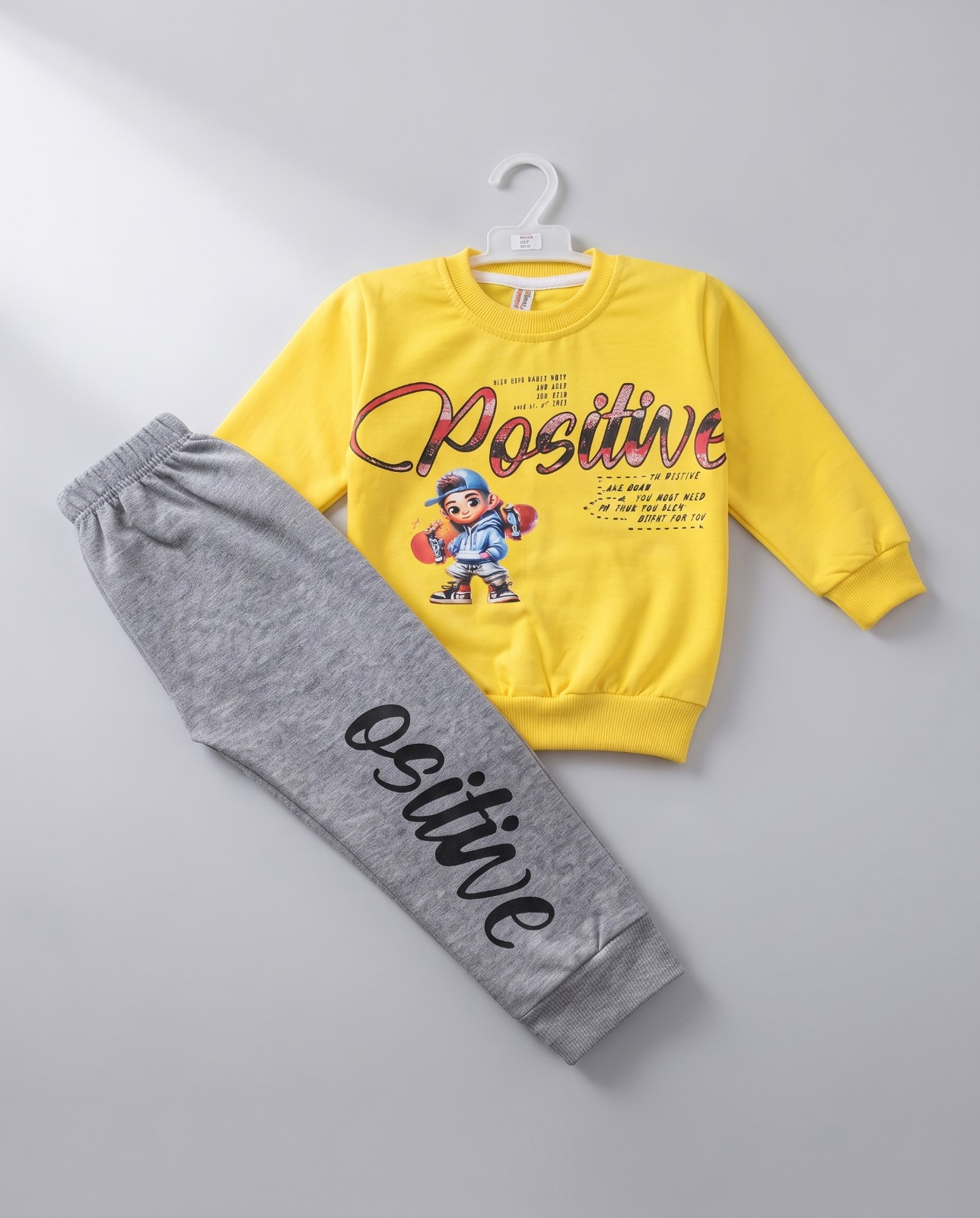 Kids Positive Printed 2 Piece Set – Yellow Top & Grey Trouser