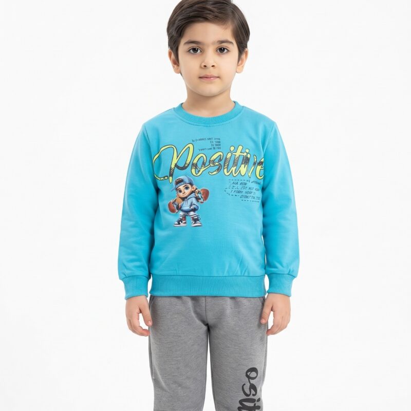 Kids Positive Printed Sweatshirt & Trouser Set – Top: Sky Blue | Trouser: Grey