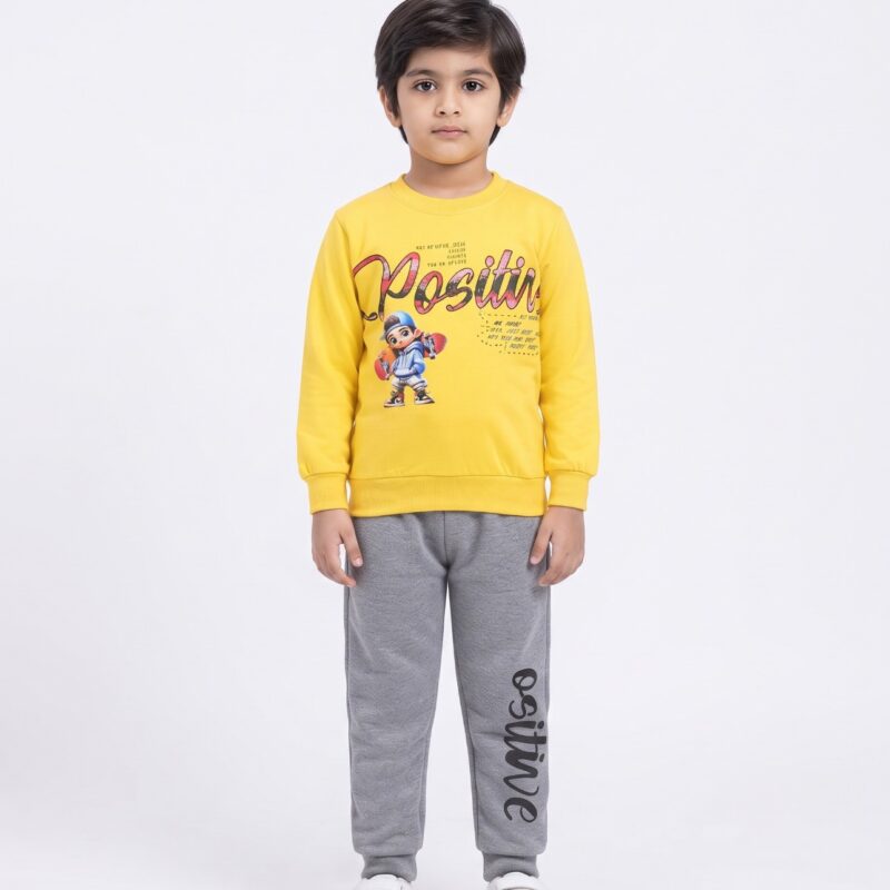 Kids Positive Printed 2 Piece Set – Yellow Top & Grey Trouser