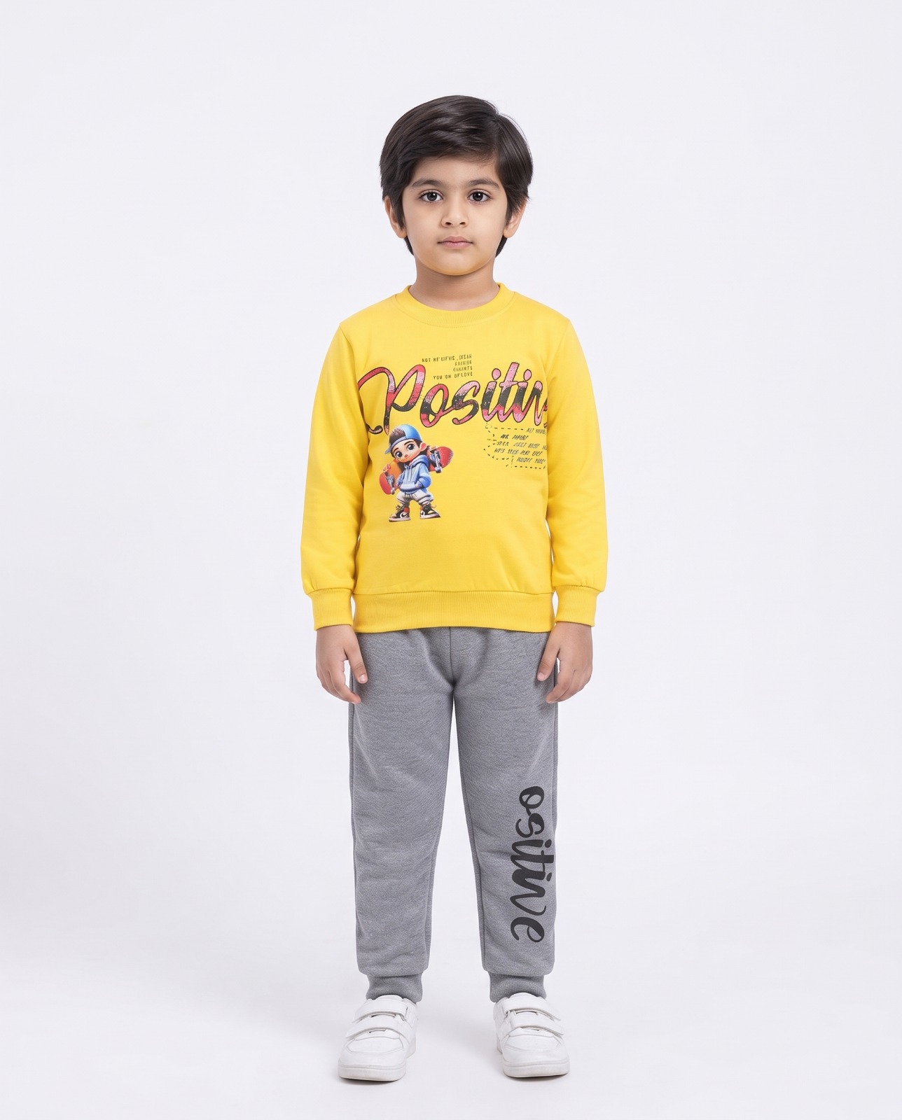 Kids Positive Printed 2 Piece Set – Yellow Top & Grey Trouser