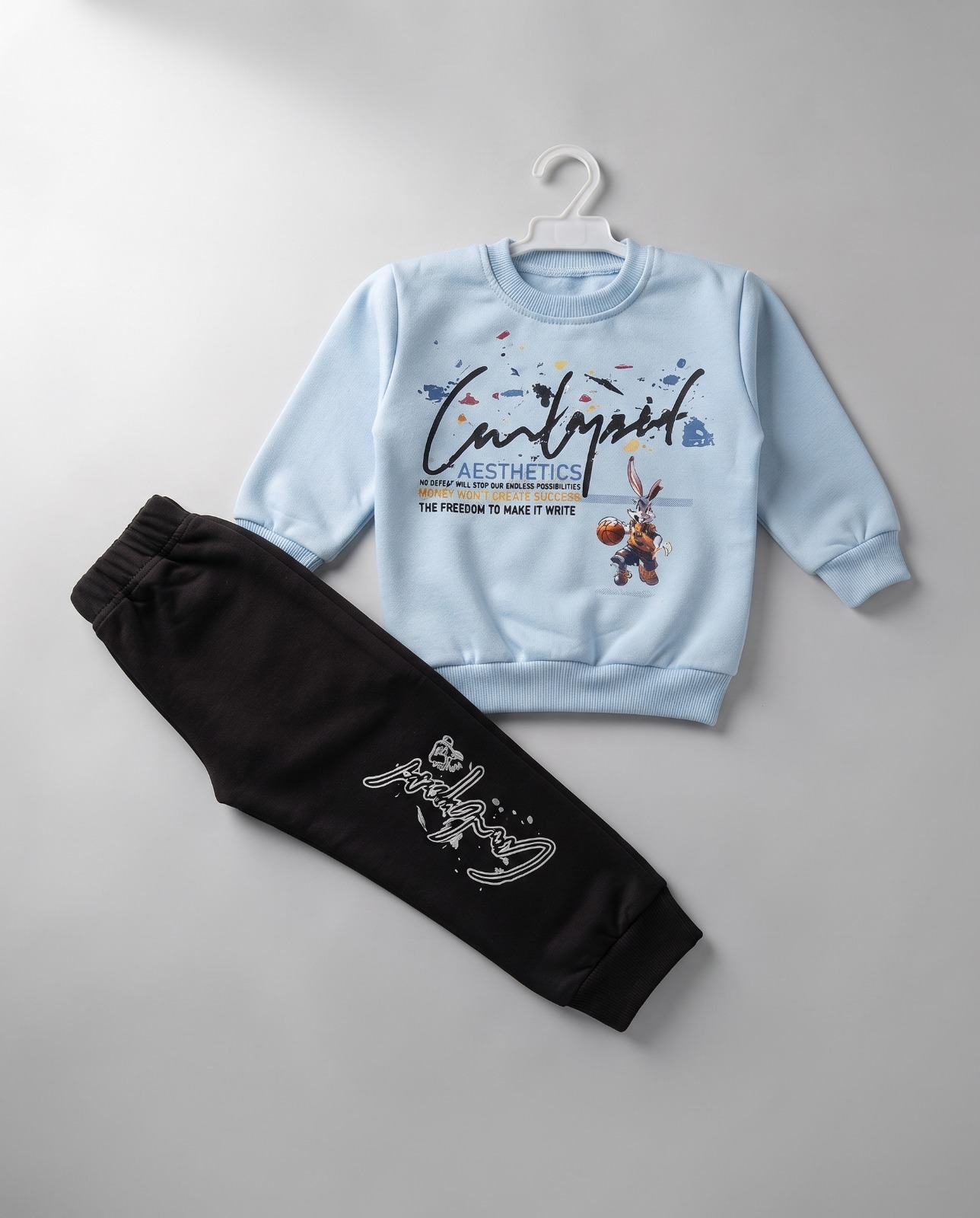 Kids Printed Sweatshirt & Trouser 2-Piece Set – Top Light Blue Trouser Black