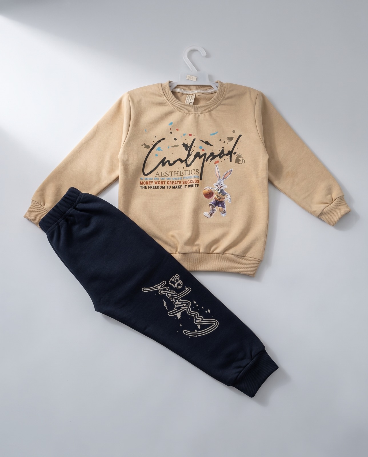Kids Printed Sweatshirt & Trouser 2-Piece Set – Top: Beige | Trouser: Navy Blue
