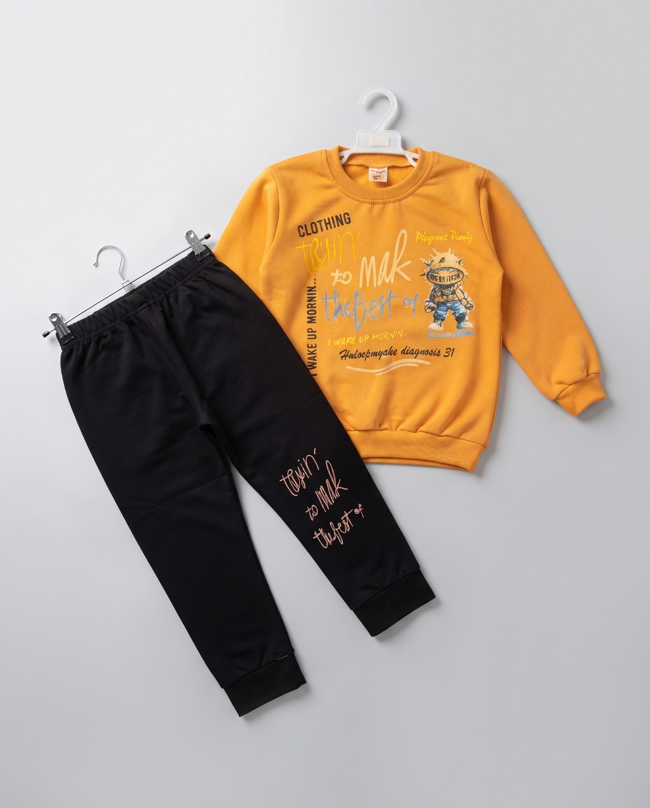 Kids Stylish 2-Piece Winter Tracksuit – Mustard Yellow Top & Black Trouser