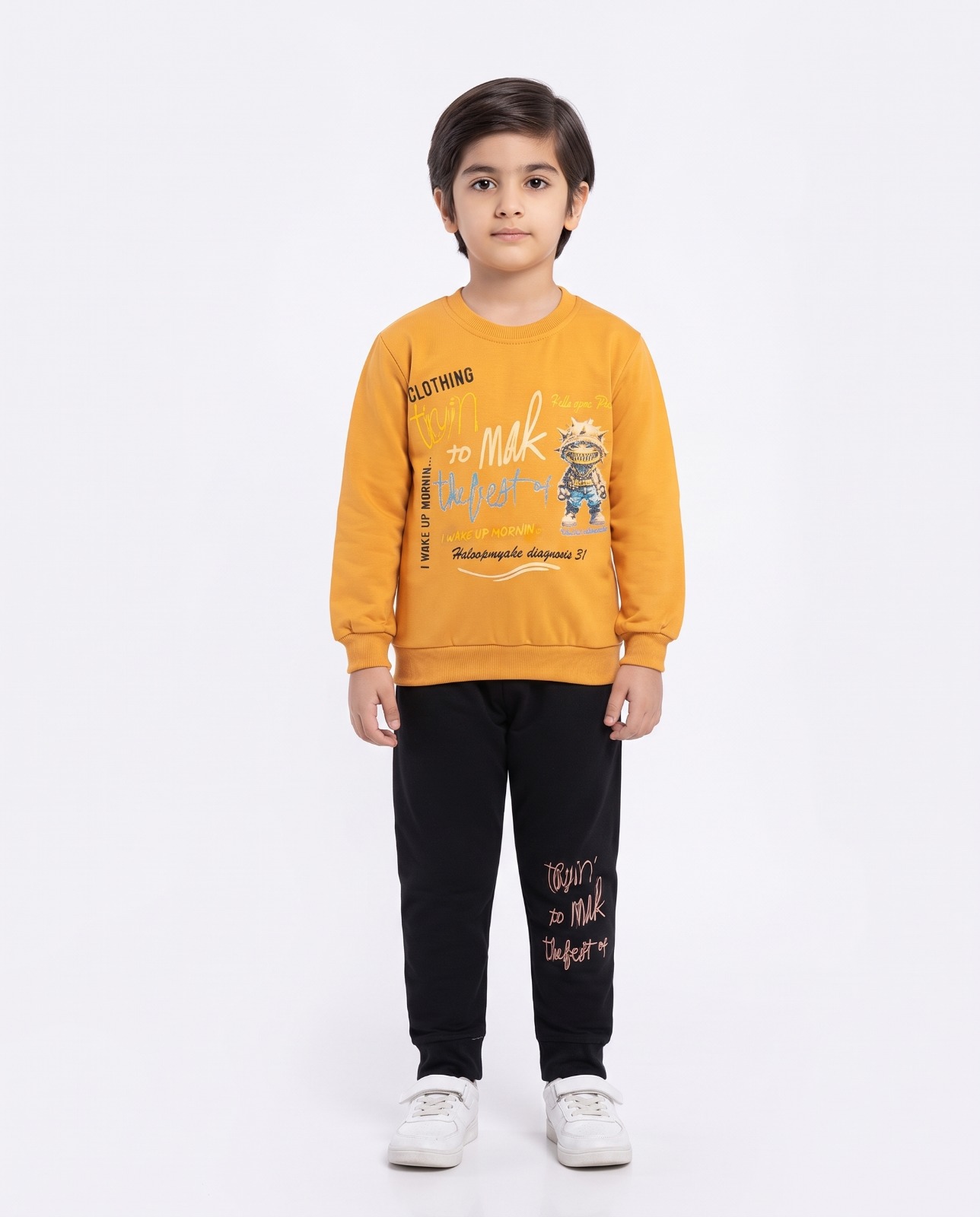 Kids Stylish 2-Piece Winter Tracksuit – Mustard Yellow Top & Black Trouser