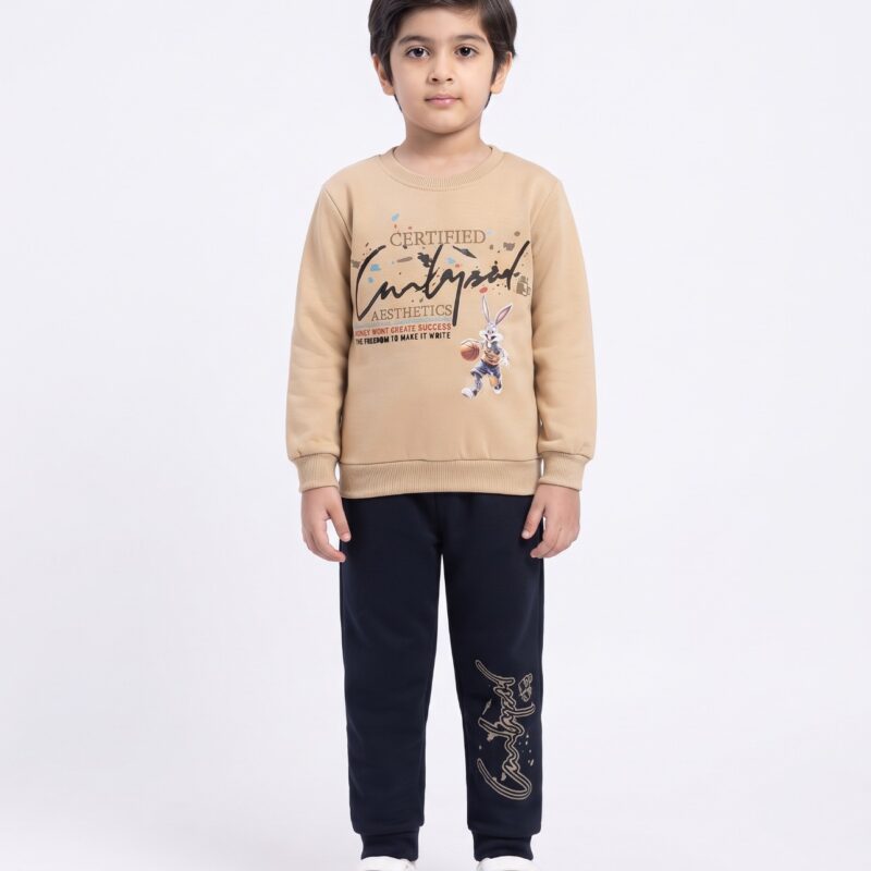 Kids Printed Sweatshirt & Trouser 2-Piece Set – Top: Beige | Trouser: Navy Blue