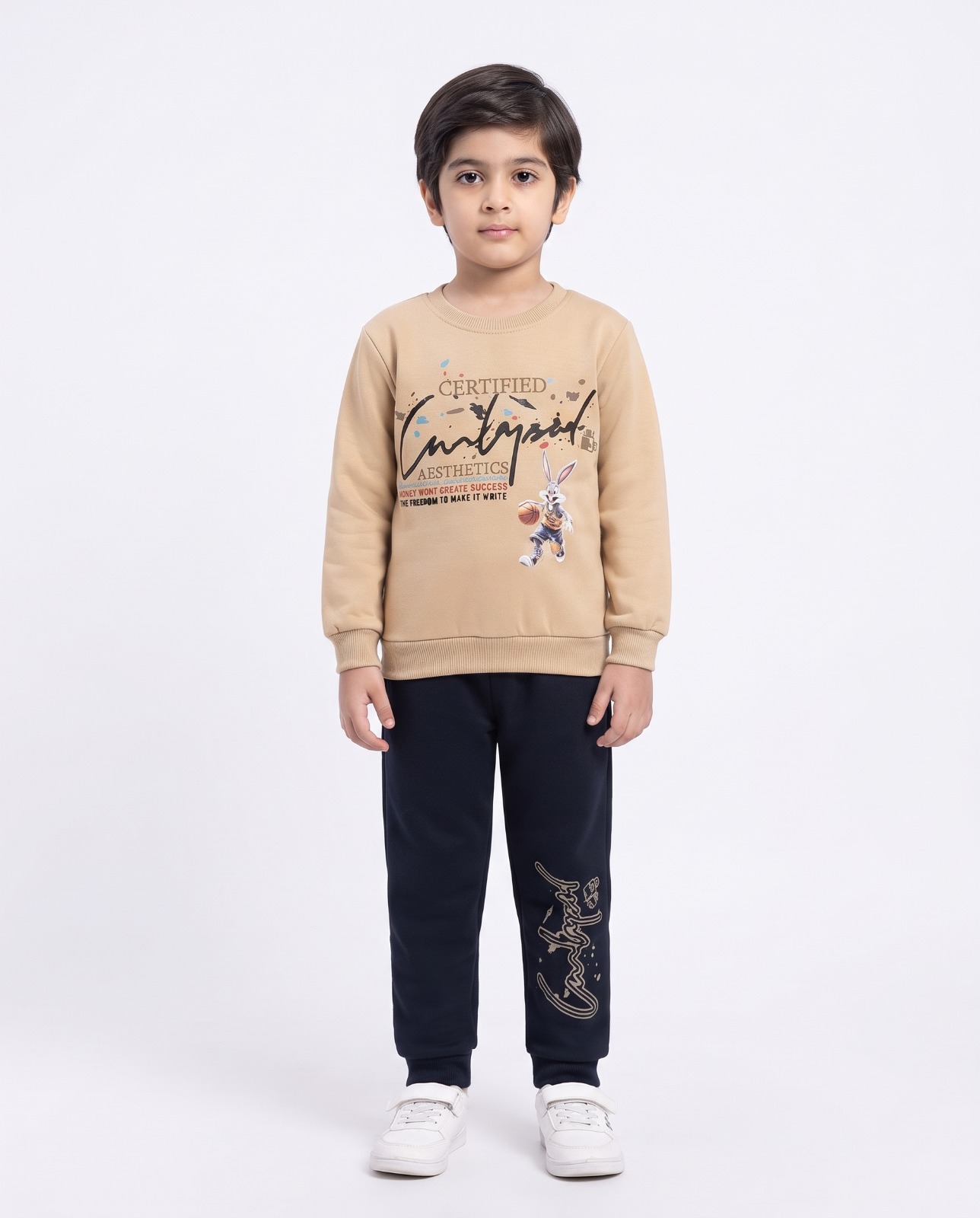Kids Printed Sweatshirt & Trouser 2-Piece Set – Top: Beige | Trouser: Navy Blue